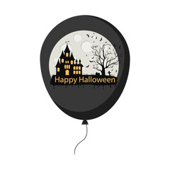 Happy Halloween balloon. Festive concept for Happy Halloween. Graveyard, full moon dark night scary castle and big tree, pumpkin and black bat. Vector illustration.