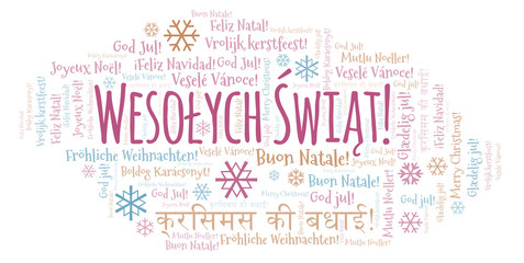Obraz premium Wesołych Świąt word cloud - Merry Christmas on Polish language and other different languages.