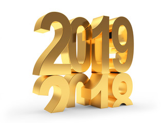 The golden number 2018 changes to number 2019. 3D illustration