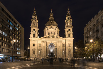 St. Stephen's Basilica, in Budapest, lit up at night