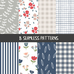 Set of natural farmhouse style seamless patterns for kitchenware and homeware, fabric and stationery design and decoration - obrazy, fototapety, plakaty