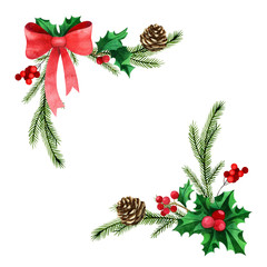 Fototapeta na wymiar Watercolor Christmas framework wreath with fir branches and place for text. Perfect for Christmas invitations, greeting cards, blogs, posters and holiday clip art isolated on white background.
