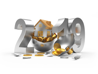 Silver 2019 New Year and house icon on broken Christmas ball full of golden coins isolated on white background. 3D illustration