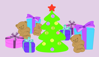 Christmas gifts in bright boxes on a snowy background
