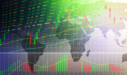 stock market or forex trading graph and candlestick chart on world map