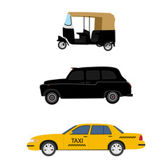 Taxi cab icon set:  yellow taxi, London cab and indian tuk-tuk moto rickshaw.