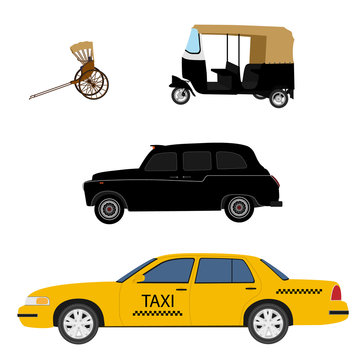 Taxi Cab Icon Set:  Yellow Taxi, London Cab, Hand Pulled Rickshaw And Indian Tuk-tuk.