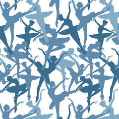 Seamless pattern of Dancing ballerinas silhoette in blue and light blue collors.