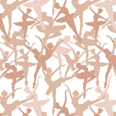 Seamless pattern of Dancing ballerinas silhoette in peach colors collors. Vector. Eps10