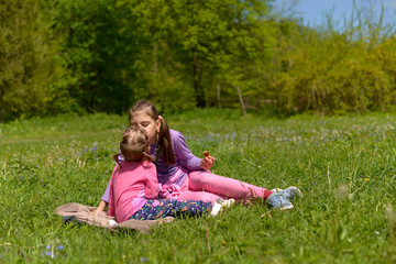 Fototapeta premium Two sisters had a picnic in a green meadow among meadow flowers