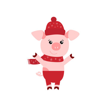 Vector illustration of Pig with gift box and Happy New Year text. Zodiac symbol of 2019 year. Cute cartoon pig useful for invitations, scrapbook, Christmas card, poster, sticker, clip art