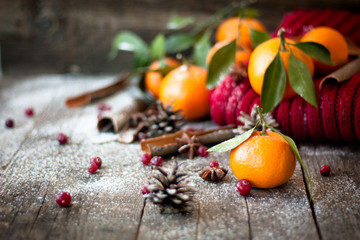 Waiting for New Year and Christmas - tangerines, snow, pine cones, cinnamon.