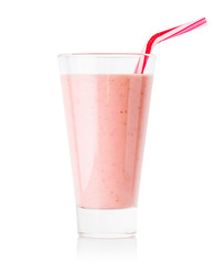 Berry smoothie or yogurt in tall glass with striped straw