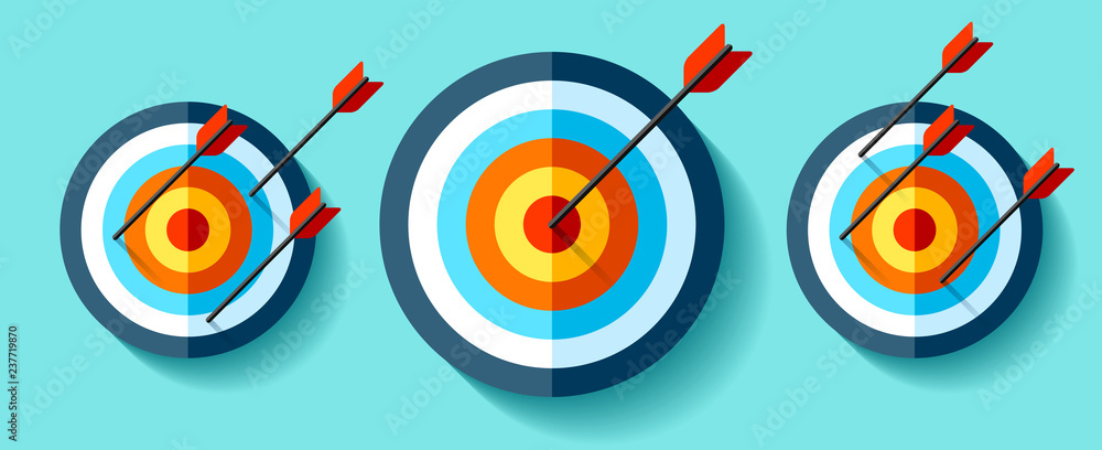 Poster volume target icons set in flat style on color background. arrow in the center aim. vector design el