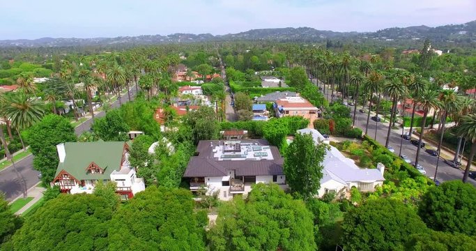 Aerial view of Beverly Hills Sign landmark near Rodeo Drive in Los Angeles, California, 4K