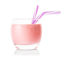 Glass of berry smoothie or yogurt with straws