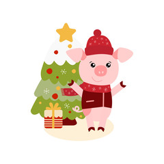 Naklejka premium Vector illustration of Pig with gift box and Happy New Year text. Zodiac symbol of 2019 year. Cute cartoon pig useful for invitations, scrapbook, Christmas card, poster, sticker, clip art
