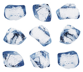 Large variety of ice cubes with droplets