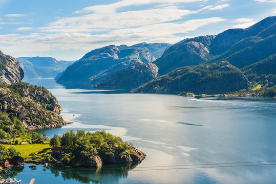 Fototapeta Norwegian fjord and mountains in summer Lysefjord, Norway