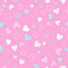 Seamless pattern with different hearts.Romantic  illustration perfect for design greeting cards, prints, flyers,cards,holiday invitations and more.Vector Valentines Day card.