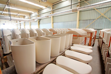 Ceramic semi-finished products on the production line in a factory