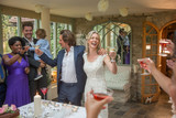 Wedding guests toasting to newlyweds at reception