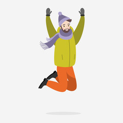 Happy man in winter clothes is jumping on a white background. Flat illustration for design.