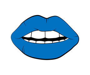 Vector blue lip symbol isolated on white background. kiss black lip contour. linear icon illustration. Woman's lips drawing