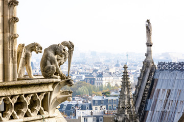 Three stone statues of chimeras overlooking the rooftop of Notre-Dame cathedral and the historic...