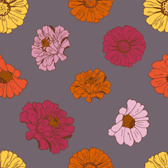 Seamless pattern with flowers zinnia for textile, bedlinen, pillow, undergarment, wallpaper.
