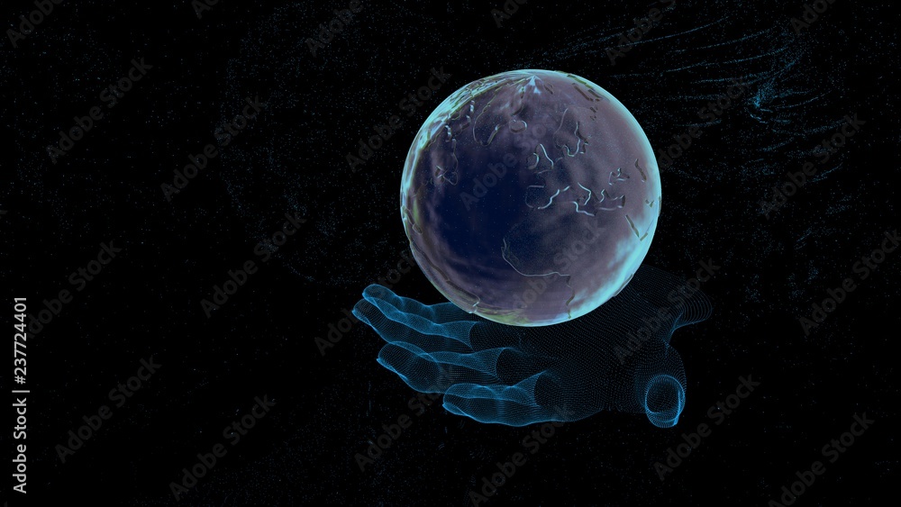 Poster abstract image of a planet earth in palm in form of a starry sky or space, consisting of points, lin