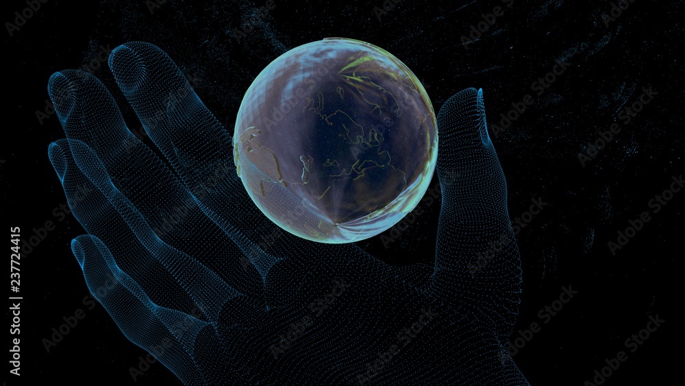 Poster transparent hand of particle points holds the planet earth against the background of outer space and