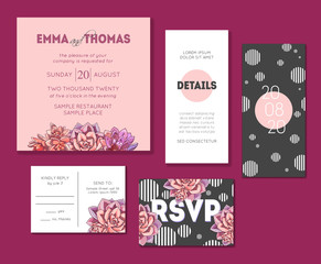 Floral wedding invitation set. Collection of different invite cards decorated with succulents. Save the date, rsvp vector cards. Botanical illustration.