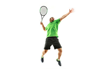 Fototapeta na wymiar The one caucasian man playing tennis isolated on white background. Studio shot of fit young player at studio in motion or movement during sport game..