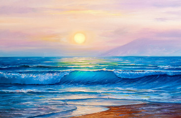 Sunset over sea, painting by oil on canvas.