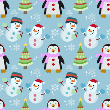 Penguin and snowman seamless pattern
