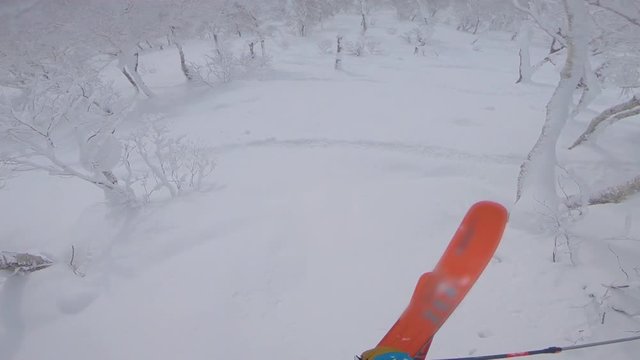 SLOW MOTION, POV: Jumping off a natural kicker while skiing in the untouched snowy forest. Spectacular shot of freeride skiing and spraying powder snow around while speeding down a steep hill in Japan