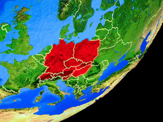 Central Europe on planet Earth with country borders and highly detailed planet surface.