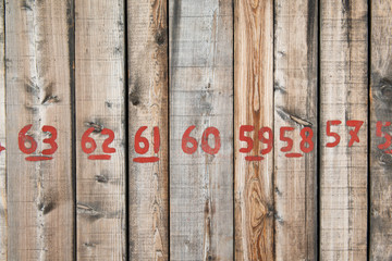 Front wall from wooden planks with numbers written with red paint