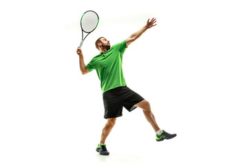 Plakat The one caucasian man playing tennis isolated on white background. Studio shot of fit young player at studio in motion or movement during sport game..