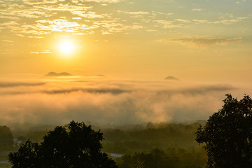 winter sunrise / beautiful morning with fog sunrise over misty on meadow and in village