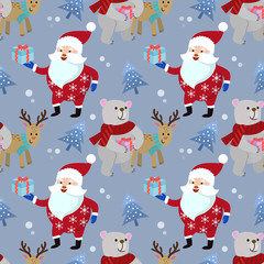 Santa bear and deer seamless pattern