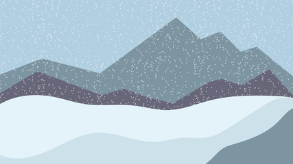 Snow landscape with hills, mountains and snowflakes. Scenery vector illustration.