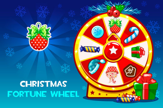 Cartoon Christmas Lucky Roulette, Spinning Fortune Wheel. Vector Holiday Symbols Icons. Game Assets, GUI Active, UI