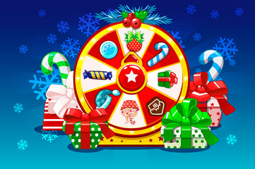Cartoon Christmas lucky roulette, spinning fortune wheel. Holiday icons and gifts, vector illustration