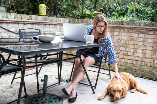 Pregnant mid adult woman using at laptop on patio table while petting dog