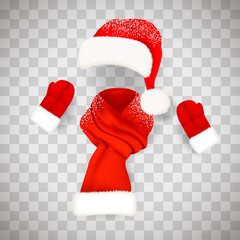 Set of realistic red Santa Claus hat with fluffy fur pompon aand long scarf with snow isolated on transparent background. Vector illustration