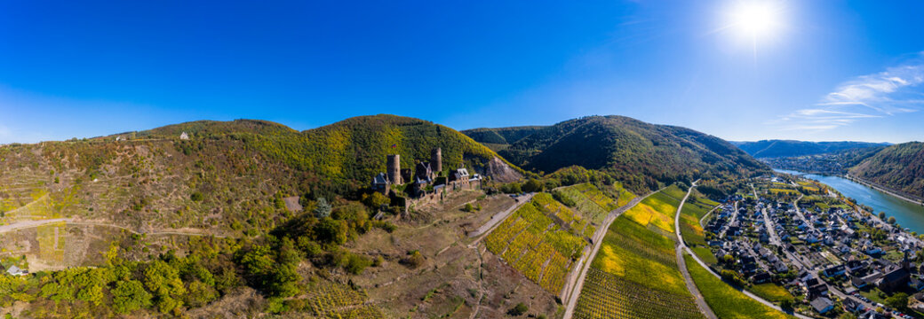 Germany, Rhineland-Palatinate, Mayen-Koblenz, Moselle, town Alken with Thurant Castle, vineyards