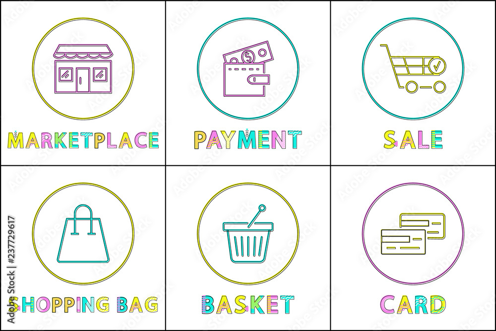Poster online shopping buttons round linear templates set