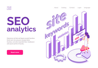 Isometric concept of Seo Analytics for website. Flat style vector illustration